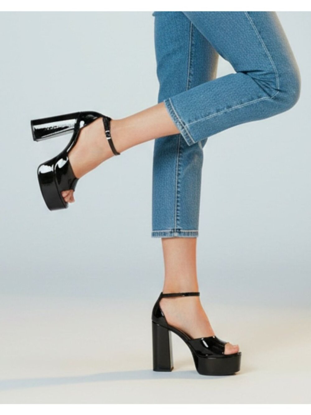 Black Patent Platform High Heels With Ankle Strap Chunky Block Heel Open Toe Des
